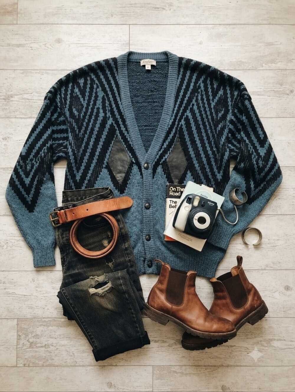 Vintage Campus Blue Gray Black Stripe Button Front Long Sleeve Cardigan